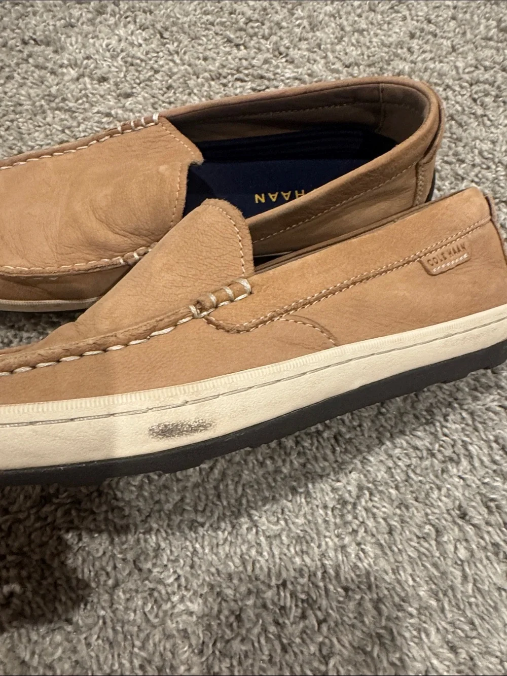 Cole Haan Tan Suede Slip-On Loafers with Navy Insoles